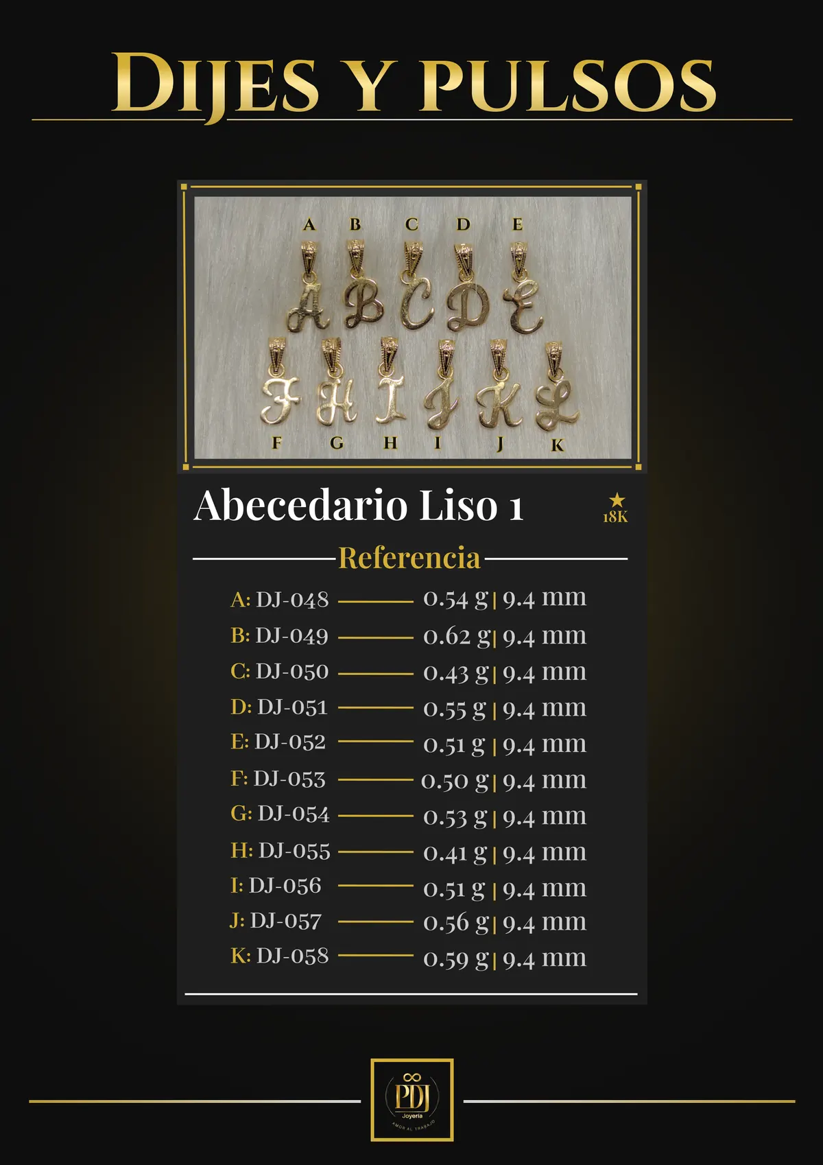 Póster de Abecedario Liso 1 en oro 18K — DJ-048, DJ-049, DJ-050, DJ-051, DJ-052, DJ-053, DJ-054, DJ-055, DJ-056, DJ-057, DJ-058