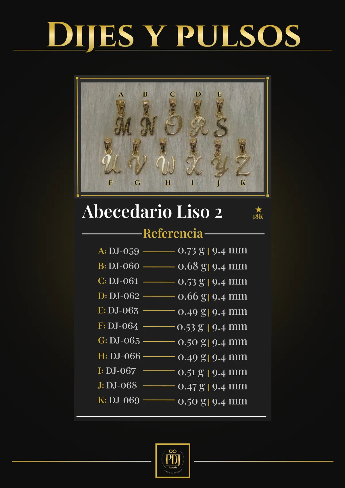Póster de Abecedario Liso 2 en oro 18K — DJ-059, DJ-060, DJ-061, DJ-062, DJ-063, DJ-064, DJ-065, DJ-066, DJ-067, DJ-068, DJ-069