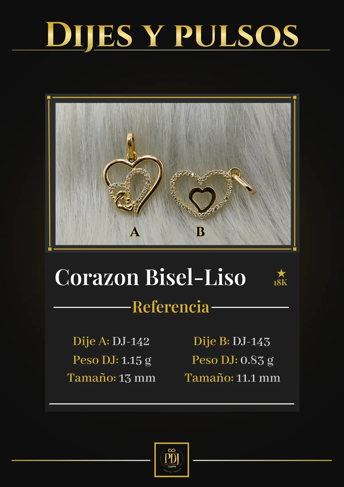 Póster de Corazon Bisel-Liso en oro 18K — DJ-142, DJ-143