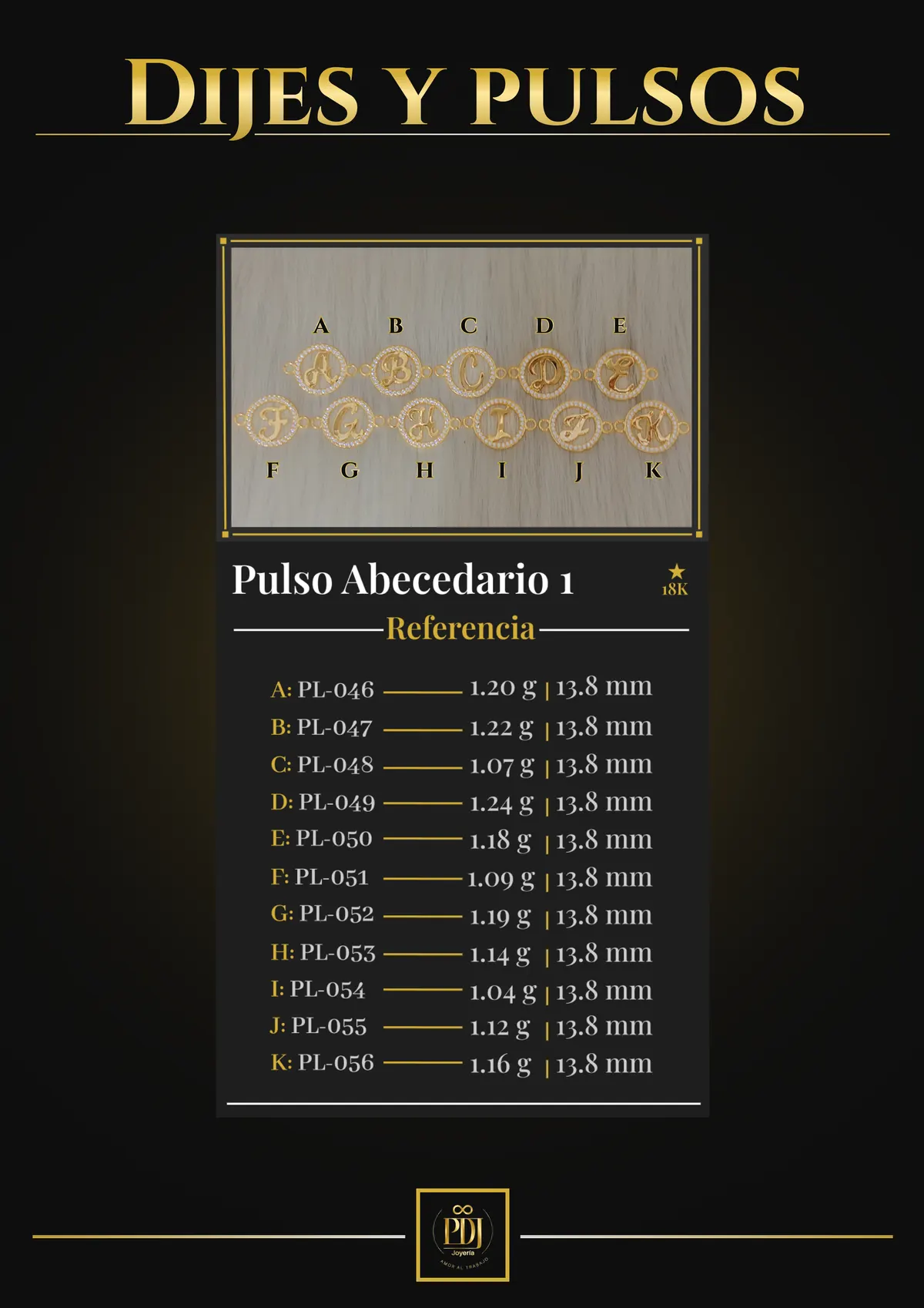 Póster de Pulso Abecedario 1 en oro 18K — PL-046, PL-047, PL-048, PL-049, PL-050, PL-051, PL-052, PL-053, PL-054, PL-055, PL-056
