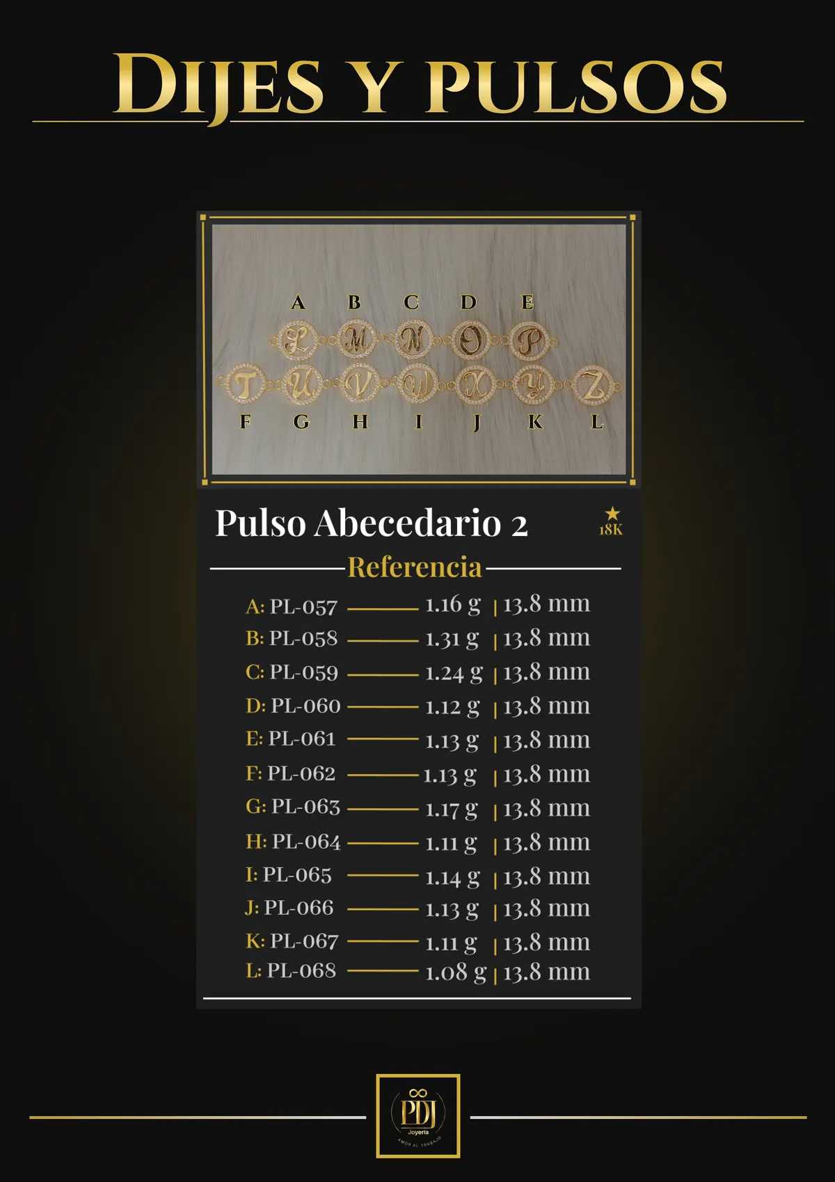Póster de Pulso Abecedario 2 en oro 18K — PL-057, PL-058, PL-059, PL-060, PL-061, PL-062, PL-063, PL-064, PL-065, PL-066, PL-067, PL-068