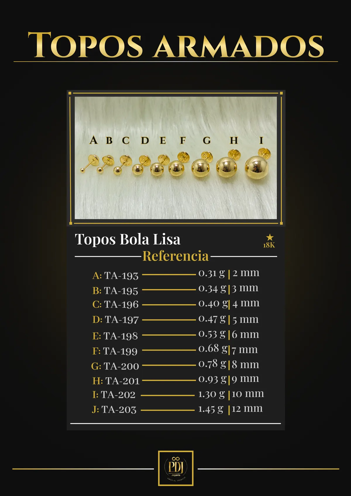 Póster de Topo Bola Lisa en oro 18K — TA-193, TA-195, TA-196, TA-197, TA-198, TA-199, TA-200, TA-201, TA-202, TA-203