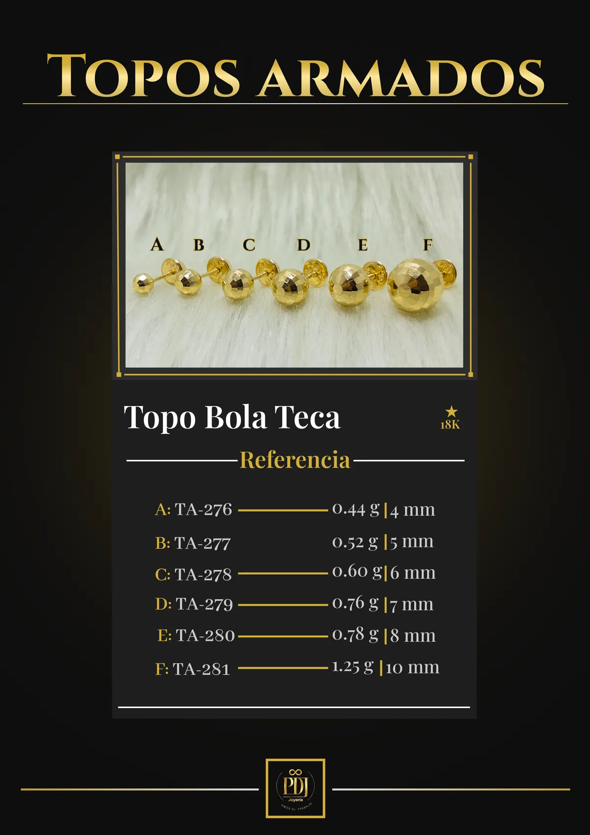 Póster de Topo Bola Teca en oro 18K — TA-276, TA-277, TA-278, TA-279, TA-280, TA-281
