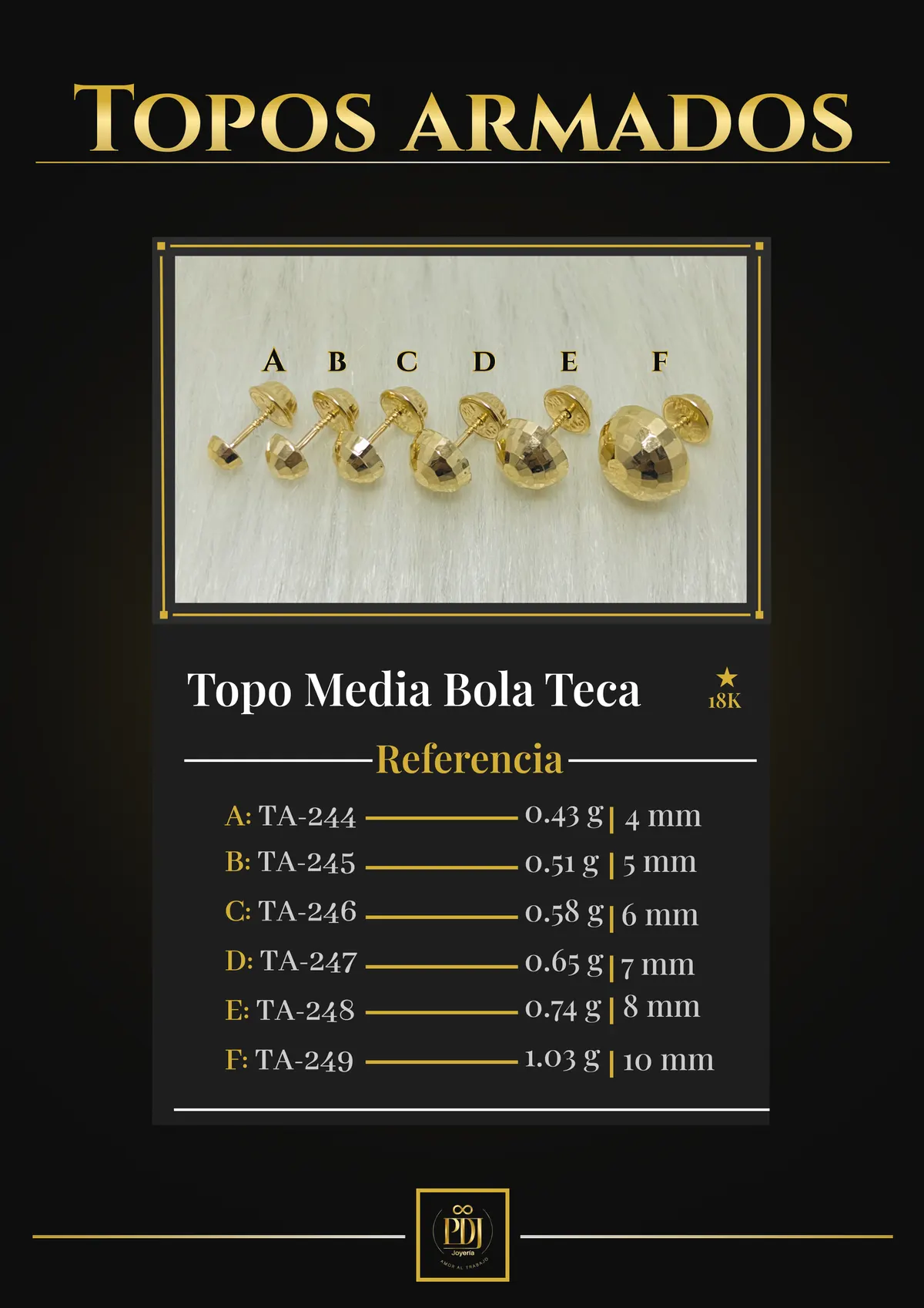 Póster de Topo Media Bola Teca en oro 18K — TA-244, TA-245, TA-246, TA-247, TA-248, TA-249